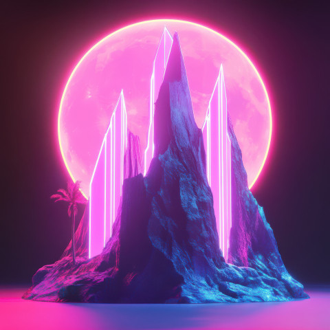 Neon mountains standing under a cybernetic moon glowing in bright neon colors Neon mountains standing under a cybernetic moon glowing in bright neon colors