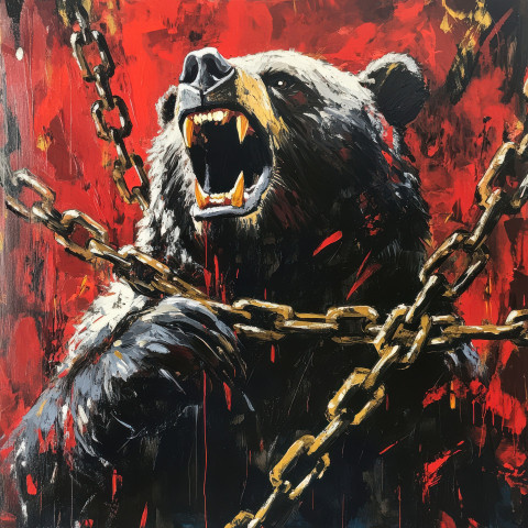 A roaring bear breaking iron chains symbolizing freedom A roaring bear breaking iron chains symbolizing freedom