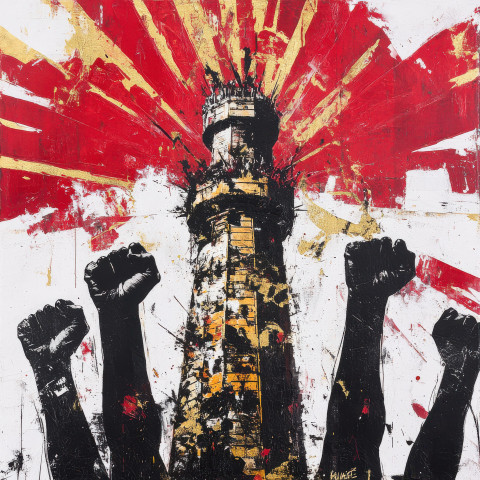 A tower crowned with raised fists A tower crowned with raised fists