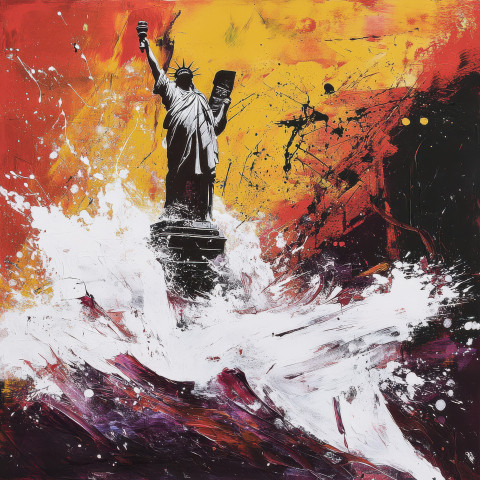Fiery waves crashing against a fallen statue Fiery waves crashing against a fallen statue