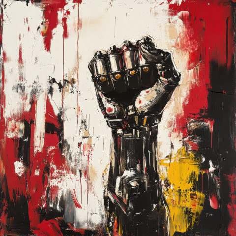 A robotic hand clutching a protest sign A robotic hand clutching a protest sign