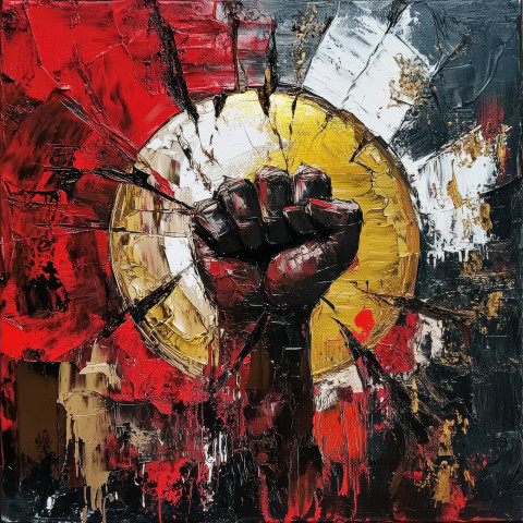 A shattered coin with a rising fist A shattered coin with a rising fist