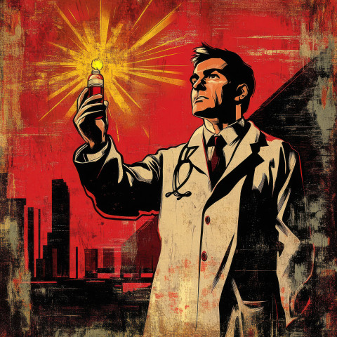 A determined doctor holding a glowing cure representing hope and scientific progress A determined doctor holding a glowing cure representing hope and scientific progress
