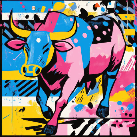 A powerful bull charging forward with strength and energy bold movement in vibrant colors A powerful bull charging forward with strength and energy bold movement in vibrant colors