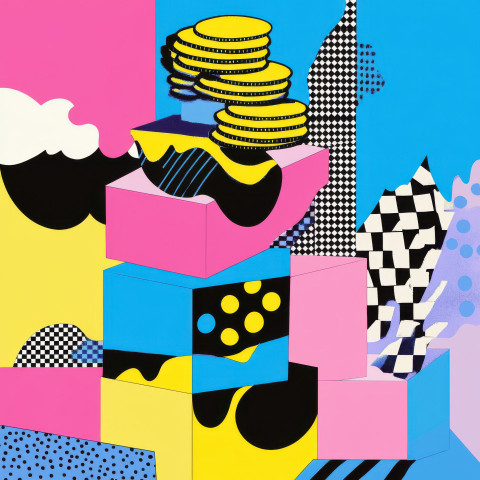 Stacked coins inside vibrant abstract cubes symbolizing wealth and economy Stacked coins inside vibrant abstract cubes symbolizing wealth and economy