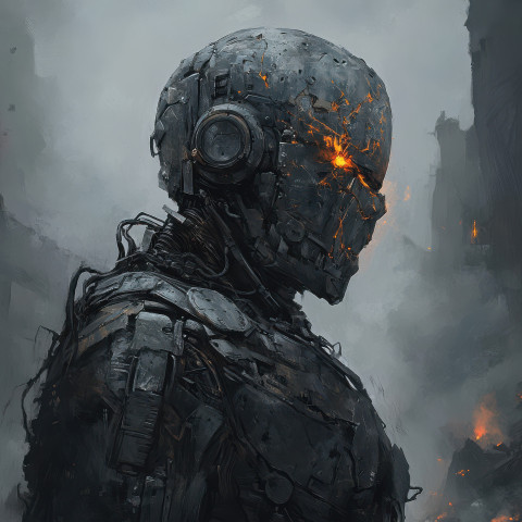 A cybernetic soldier with glowing scars stands in the shadows metal limbs humming with power
