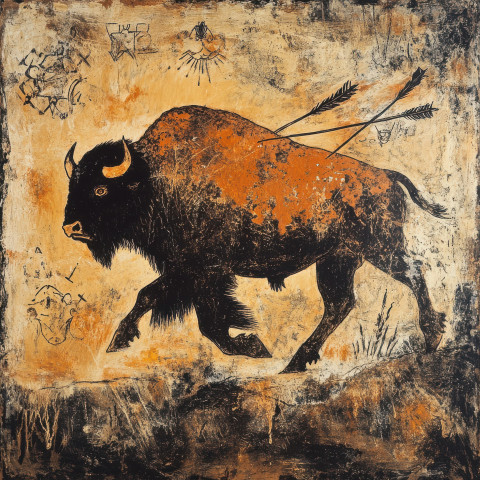 Running bison with arrows striking its side depicted in a cave painting Running bison with arrows striking its side depicted in a cave painting
