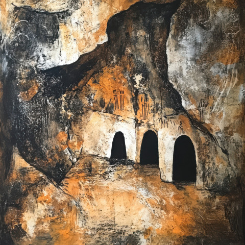 Primitive huts near a rocky cliff shown in a cave painting Primitive huts near a rocky cliff shown in a cave painting
