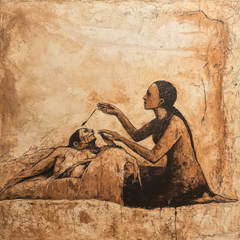 A healer treating a wounded hunter in a cave painting A healer treating a wounded hunter in a cave painting