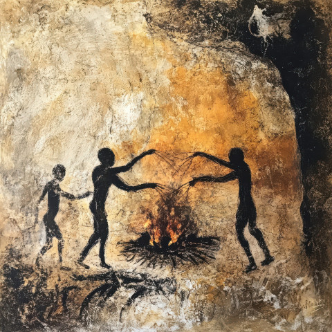 People roasting meat over a fire in a cave painting People roasting meat over a fire in a cave painting
