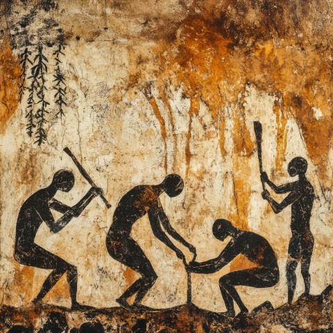Workers crafting tools from stone in a cave painting Workers crafting tools from stone in a cave painting