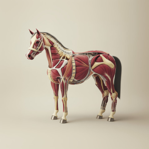Highly detailed 3D anatomical illustration of a horse showing muscle structure and internal organs Highly detailed 3D anatomical illustration of a horse showing muscle structure and internal organs