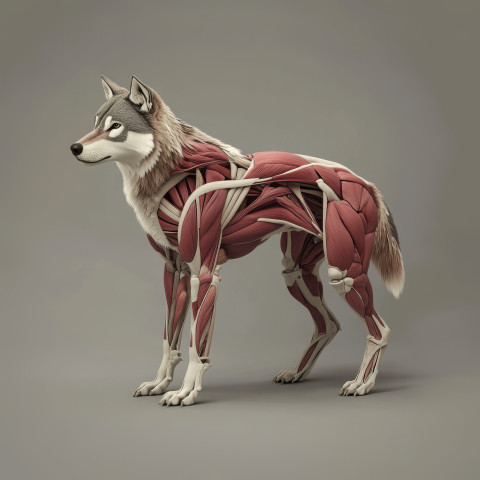 Highly detailed 3D anatomical illustration of a wolf displaying muscle structure Highly detailed 3D anatomical illustration of a wolf displaying muscle structure