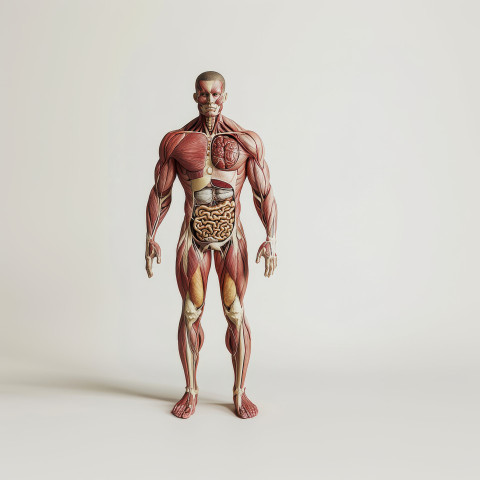 Highly detailed 3D anatomical illustration of a man showcasing muscular Highly detailed 3D anatomical illustration of a man showcasing muscular