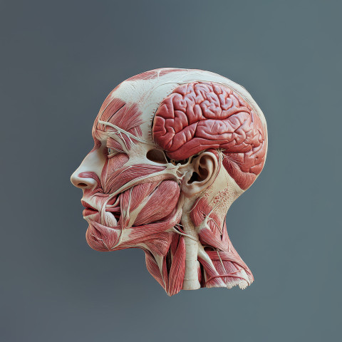 Highly detailed 3D anatomical illustration of a human head showcasing muscles Highly detailed 3D anatomical illustration of a human head showcasing muscles