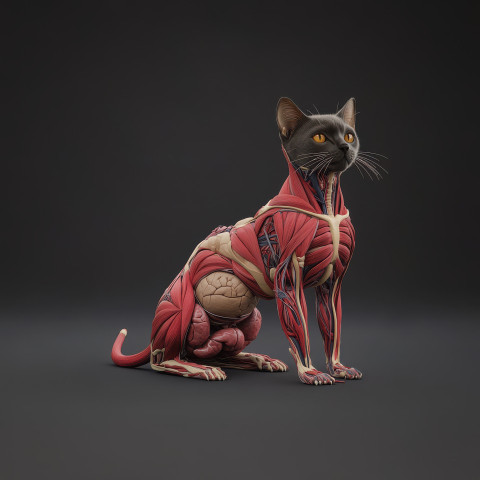Highly detailed 3D anatomical illustration of a cat showing muscle Highly detailed 3D anatomical illustration of a cat showing muscle