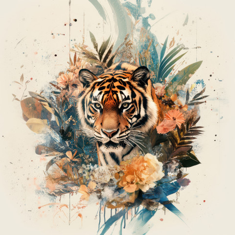 A majestic tiger with striking patterns created in a digital collage style blending textures and colors A majestic tiger with striking patterns created in a digital collage style blending textures and colors