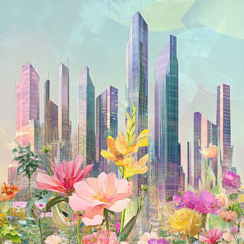 A futuristic city skyline with towering glass skyscrapers reflecting neon lights in a digital collage A futuristic city skyline with towering glass skyscrapers reflecting neon lights in a digital collage