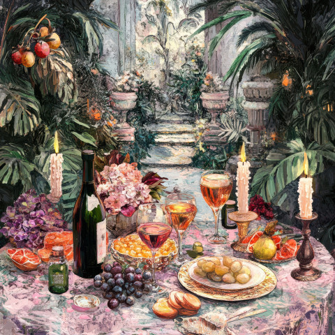 A luxurious feast with gourmet dishes fine wine and candlelight in a digital collage artwork A luxurious feast with gourmet dishes fine wine and candlelight in a digital collage artwork