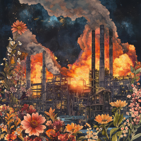 A smoky factory with molten steel glowing brightly representing industrial power A smoky factory with molten steel glowing brightly representing industrial power