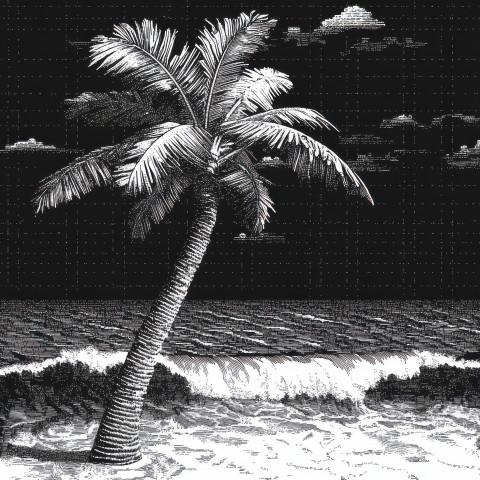 Palm tree swaying beside ocean waves capturing tropical vibes carefully designed in ascii art Palm tree swaying beside ocean waves capturing tropical vibes carefully designed in ascii art