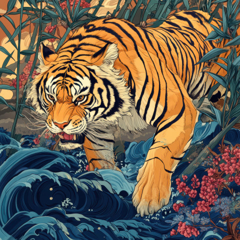 A tiger prowling through dense bamboo sharp eyes scanning for prey powerful and poised A tiger prowling through dense bamboo sharp eyes scanning for prey powerful and poised