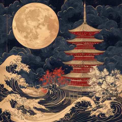 A towering pagoda stands in misty moonlight its silhouette glowing softly A towering pagoda stands in misty moonlight its silhouette glowing softly