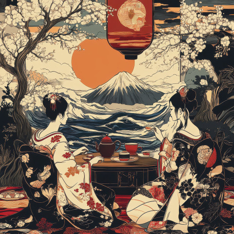 A refined tea ceremony with elegant guests seated in a tranquil setting delicate porcelain teacups in hand A refined tea ceremony with elegant guests seated in a tranquil setting delicate porcelain teacups in hand