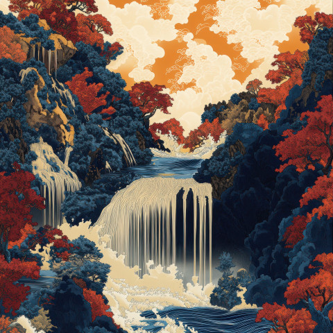 A waterfall cascades into a flowing river mist rising from the rushing waters A waterfall cascades into a flowing river mist rising from the rushing waters