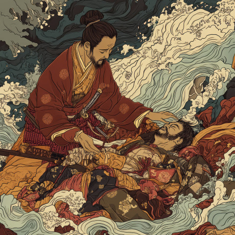 A healer tends to a wounded samurai carefully wrapping bandages under the glow of lantern light A healer tends to a wounded samurai carefully wrapping bandages under the glow of lantern light