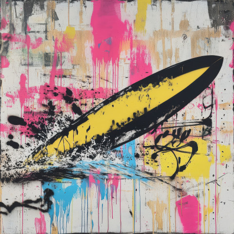 Lone surfboard riding a liquid gold wave spray painted in banksy graffiti style Lone surfboard riding a liquid gold wave spray painted in banksy graffiti style