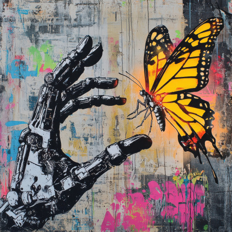Cyborg hand reaching for a glowing butterfly spray painted in banksy graffiti style Cyborg hand reaching for a glowing butterfly spray painted in banksy graffiti style
