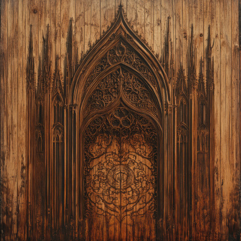 Gothic cathedral with fine details carved into rich textured wood grain Gothic cathedral with fine details carved into rich textured wood grain