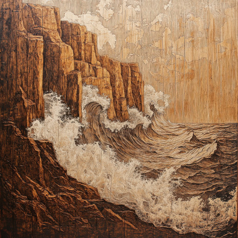 Waves crashing on rocky cliffs intricately carved into rich textured wood grain Waves crashing on rocky cliffs intricately carved into rich textured wood grain