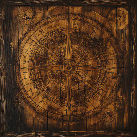 Astrolabe with celestial patterns intricately carved into rich textured wood grain Astrolabe with celestial patterns intricately carved into rich textured wood grain