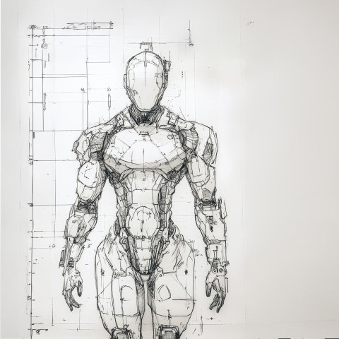 Biomechanical exosuit sketch featuring hydraulics sensors and support structure