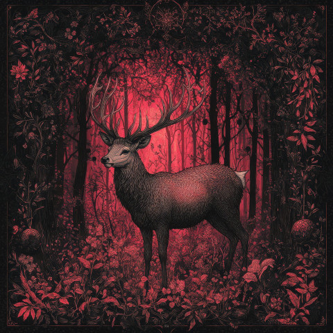 Majestic deer standing in a dense forest surrounded by tall trees and soft light Majestic deer standing in a dense forest surrounded by tall trees and soft light