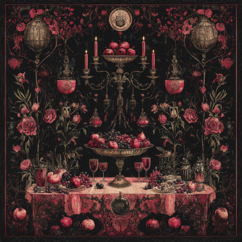 Lavish feast with ripe fruits wine and ornate dishes on a grand banquet table Lavish feast with ripe fruits wine and ornate dishes on a grand banquet table