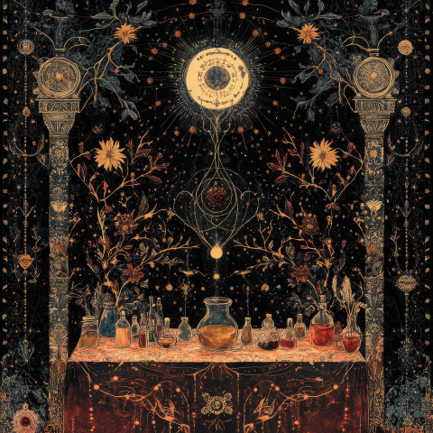 Herbalist carefully mixing potions with glass bottles and herbs surrounded by ancient books Herbalist carefully mixing potions with glass bottles and herbs surrounded by ancient books