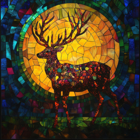 A majestic stag stands beneath a glowing moon illuminated by stained glass windows A majestic stag stands beneath a glowing moon illuminated by stained glass windows