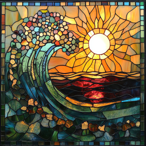 Waves crash under a golden sunset captured in stunning stained glass Waves crash under a golden sunset captured in stunning stained glass