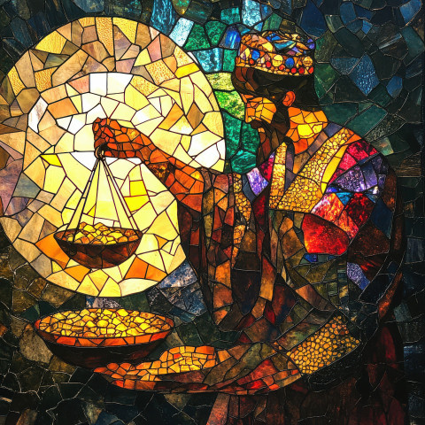 A merchant weighs gold on a scale in front of stained glass windows A merchant weighs gold on a scale in front of stained glass windows