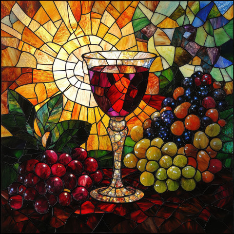 A goblet of wine sits beside a fruit laden table captured in stained glass A goblet of wine sits beside a fruit laden table captured in stained glass