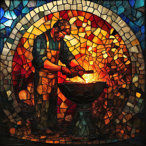 A blacksmith forges metal under sparks with stained glass windows in the background A blacksmith forges metal under sparks with stained glass windows in the background