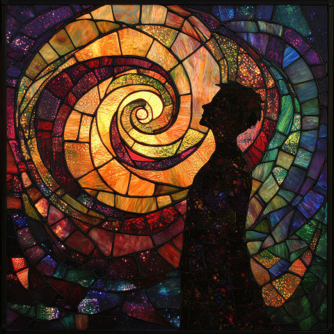 An astronomer gazes at cosmic swirls in a sky filled with stars depicted in stained glass An astronomer gazes at cosmic swirls in a sky filled with stars depicted in stained glass