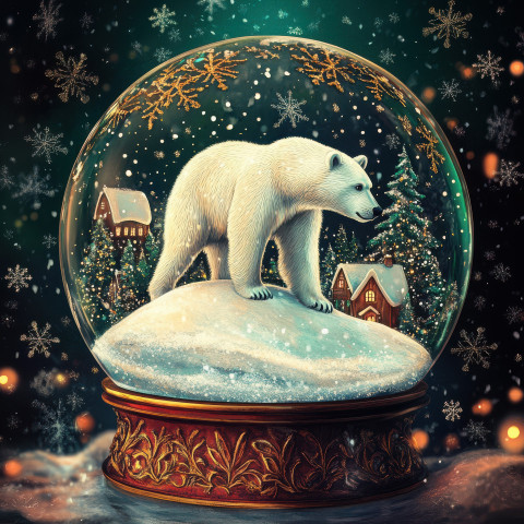 A polar bear stands on an icy hill inside a snowglobe A polar bear stands on an icy hill inside a snowglobe