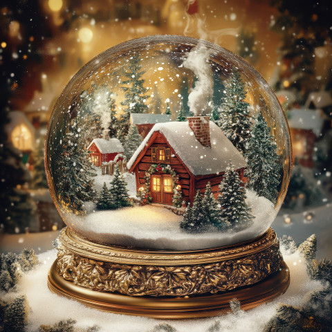 A cozy cabin with smoke rising from the chimney is captured inside a snowglobe A cozy cabin with smoke rising from the chimney is captured inside a snowglobe