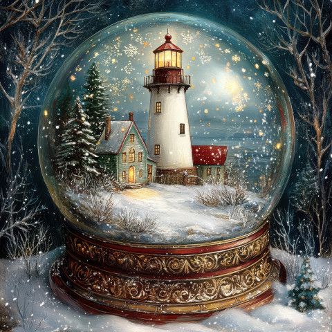 A frozen lighthouse stands tall by the shore inside a snowglobe A frozen lighthouse stands tall by the shore inside a snowglobe