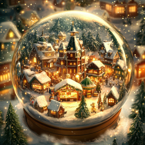 A winter market filled with glowing lights is captured inside a snowglobe A winter market filled with glowing lights is captured inside a snowglobe