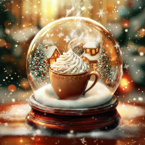 A steaming cup of hot cocoa sits inside a snowglobe A steaming cup of hot cocoa sits inside a snowglobe